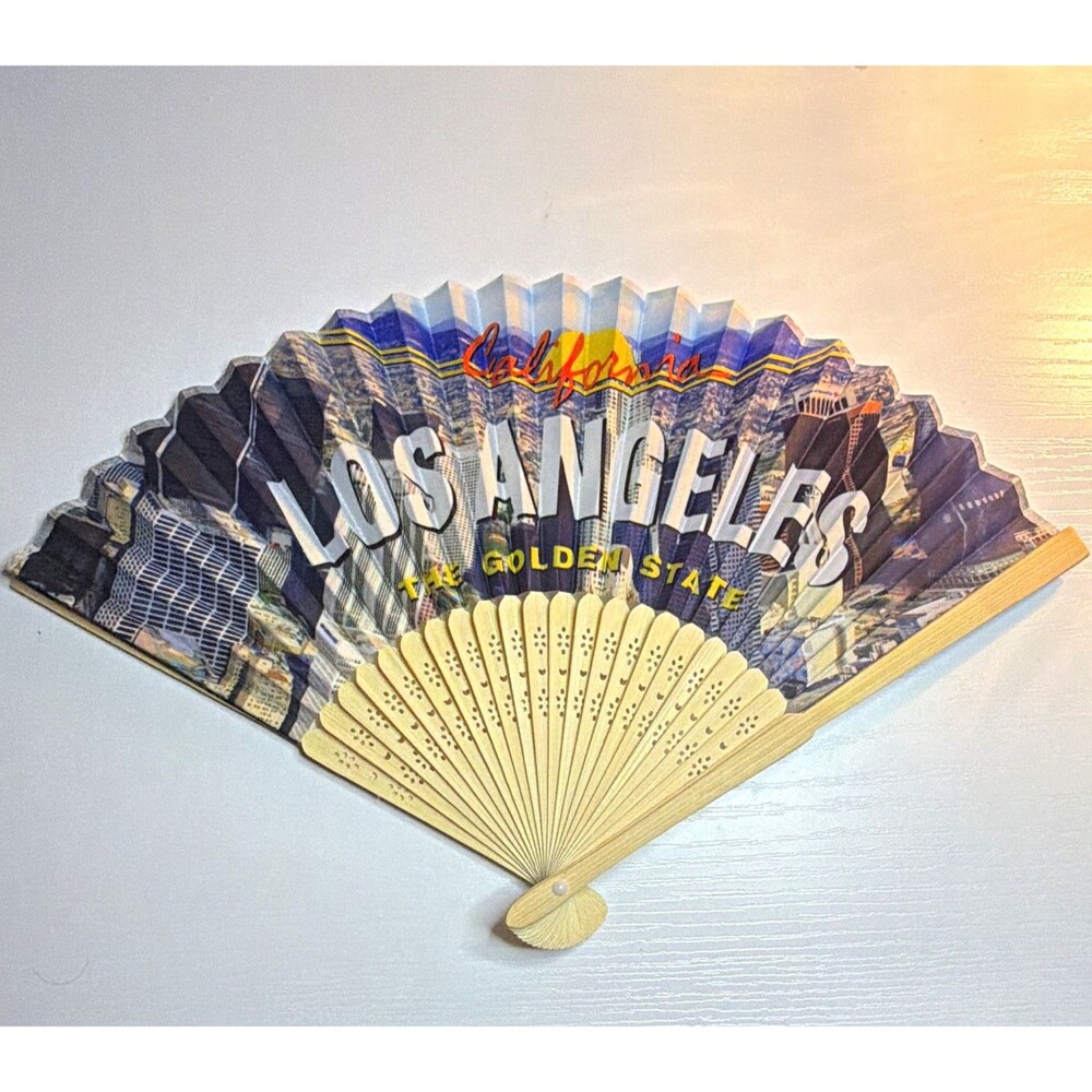 Los Angeles The Golden State Los Angeles California Folding Hand Fan Beige Blue
